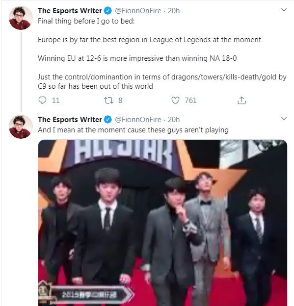 ESPN Fionn: Right now, Europe is the strongest region in League of Legends, with a 12-6 victory in the EU being far more valuable than an 18-0 win in NA; it's just that Cloud 9's control over dragons/towers/gold is exceptional. By the way, I’m only referring to the current moment because these guys (animated image of Invictus Gaming) are not competing.