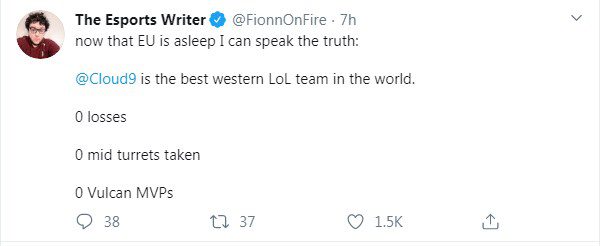 Now those noisy Europeans are asleep, and I can state the truth: Cloud 9 is the strongest team in the West with 0 losses, 0 destroyed mid towers, and Vulcan has 0 MVPs.