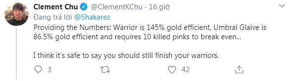 Clement Chu (LPL commentator) also chimed in: Providing some statistics: Warrior jungle item has a 145% gold efficiency, Duskblade has an 86.5% gold efficiency and requires 10 wards to break even. I think it would be safer to complete the jungle item first.