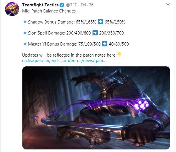 Announcement about the Dark adjustments on the official Teamfight Tactics Twitter