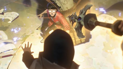 Image of the 'Demon King' collapsing before Ambition in 2017 featured in Riot's MV Rise