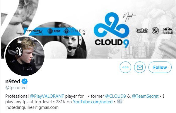 N9ted, a streamer from Cloud 9, even changed his Twitter bio to professional Valorant player