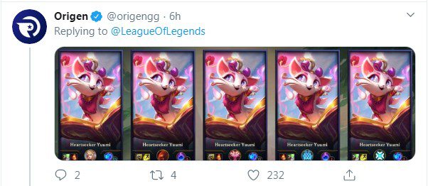 Team Origen even posted a picture of 5 Yuumi Master of Flirting according to Riot