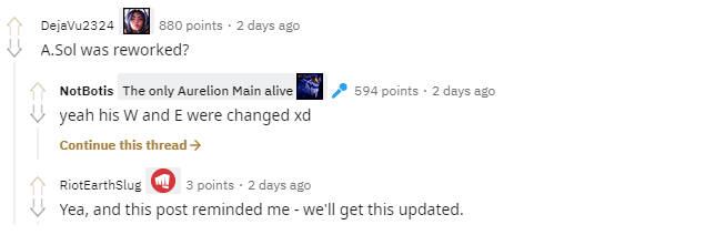 RiotEarthSlug admitted that this post reminded Riot that Aurelion Sol had been reworked and they will update the information in the client soon.