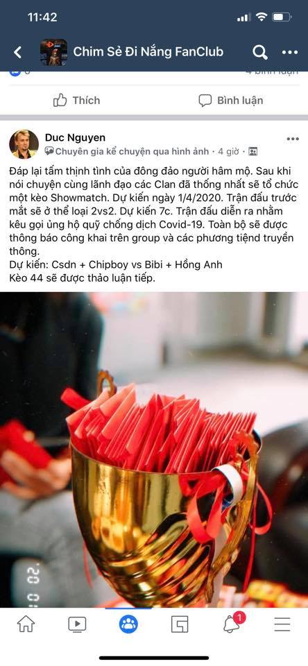 Announcement about the match posted in the Chim Sẻ Đi Nắng Group!