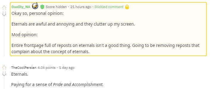 Reddit LMHT moderator: 'Eternals are really bad and annoying whenever they pop up on my screen. Another player added: 'Eternals, paying to showcase your arrogance and pride'
