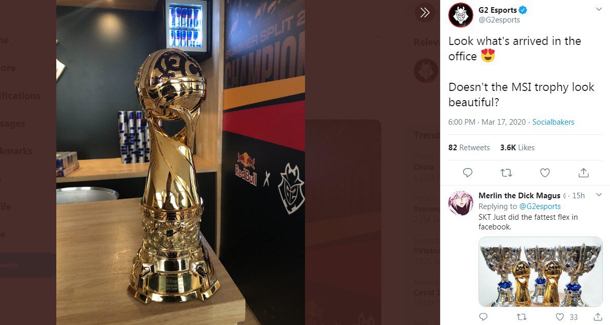 G2 Esports: Look what just arrived at the office <3 Isn't the MSI trophy looking beautiful?