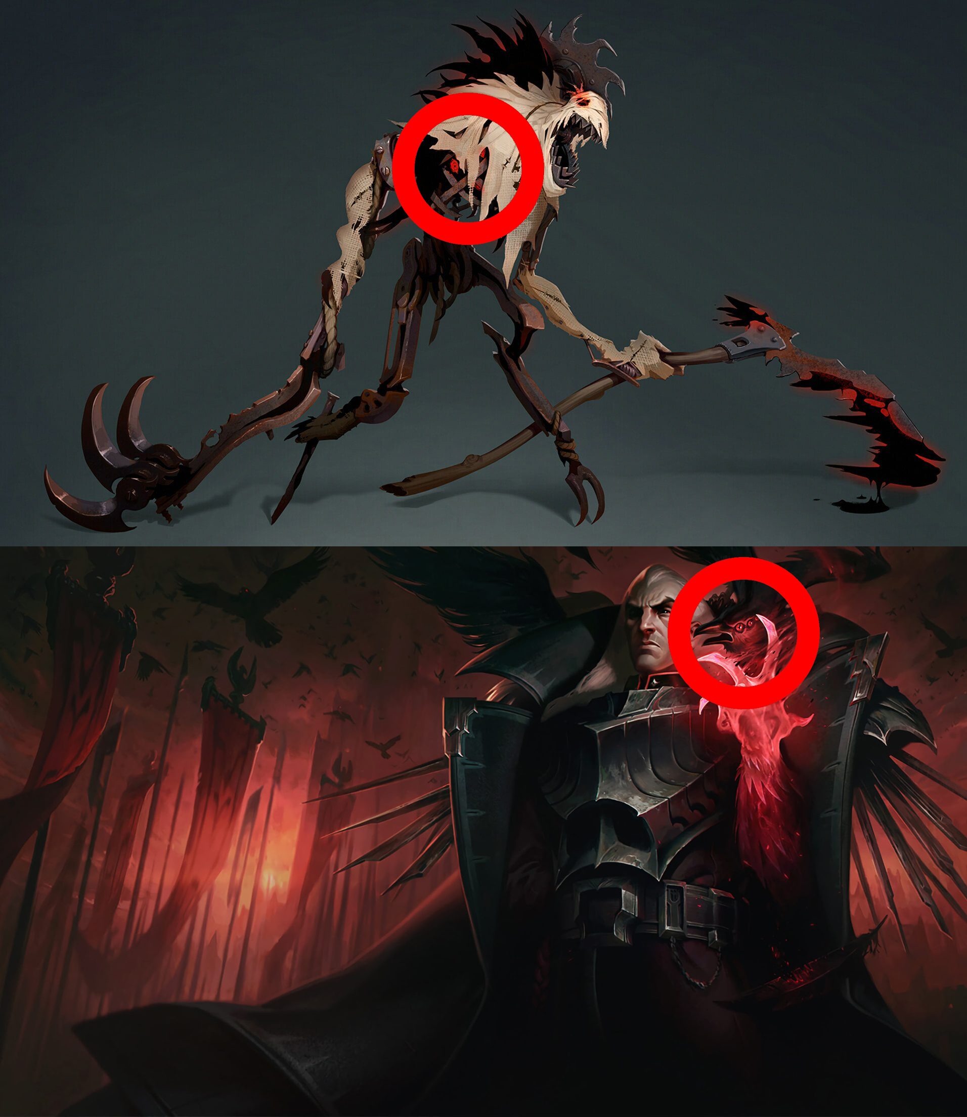 "The heart" of Fiddlesticks has 3 glowing red eyes, while the crow always on Swain's shoulder has the same 3 eyes.