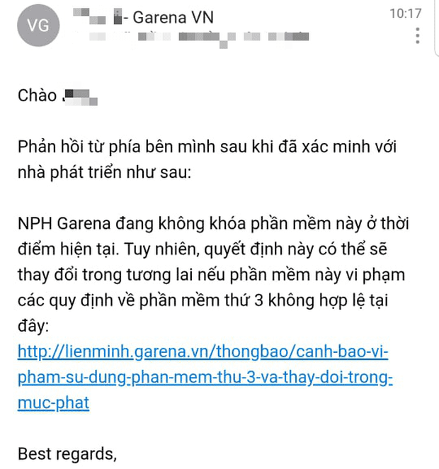 Confirmation email from Garena Vietnam about the pick-lock tool.