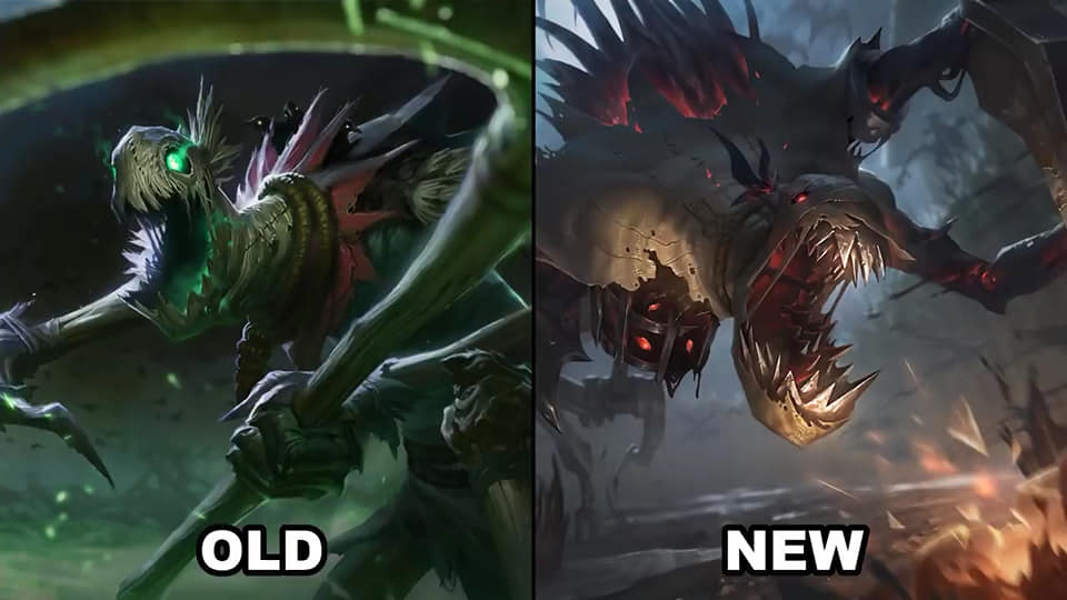 Default Fiddlesticks: The old version, even after several cover updates, still looks like a cartoon character, while the new background impressively shows the scarecrow with long, dangling limbs and a jagged-toothed mouth