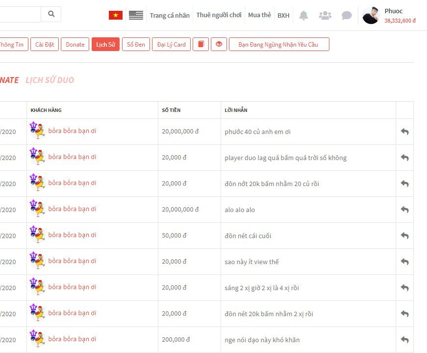 Donation history of the nickname 'bỏra bỏra bạn ơi', including two donations of 20 million VND and many smaller donations, totaling over 40 million VND