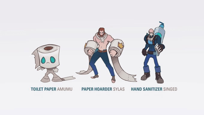Unique fan-made skin series during the Covid-19 pandemic, with Amumu and Sylas associated with toilet paper rolls, while Singed encompasses the 'combo' of a medical mask, hand sanitizer, and toilet paper