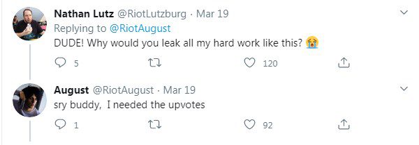 Riot Lutzburg jokingly asked why August leaked all his hard work just for likes (Riot Lutzburg is responsible for reworking Volibear)