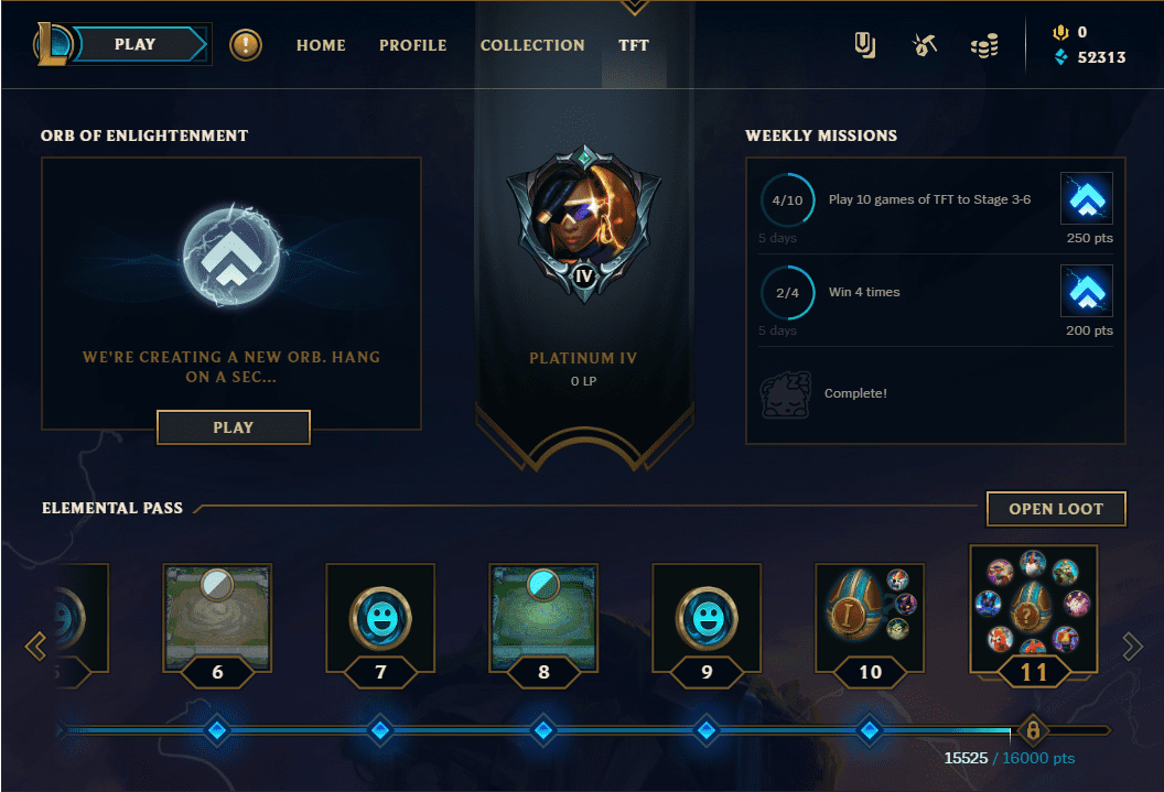 The Teamfight Tactics Pass section on the regular server