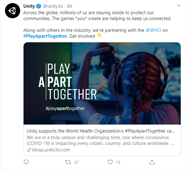 Game companies and mobile design service providers also support the #PlayApartTogether initiative