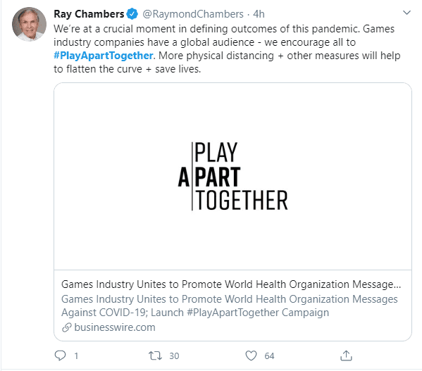Ray Chambers, a member of the WHO council, confirms that gaming is a good way to help reduce the spread of Covid-19 and save many lives