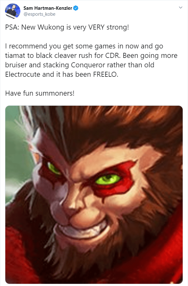 Caster Kobe at LCS: Wukong is currently extremely strong. I recommend everyone to buy Tiamat and Trinity Force for cooldown reduction. I play a Fighter build with Conqueror and find it stronger than Electrocute. Enjoy the free ranking points, everyone!