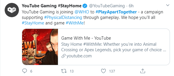 YouTube Gaming streaming platform also participates and hopes everyone stays home and plays games