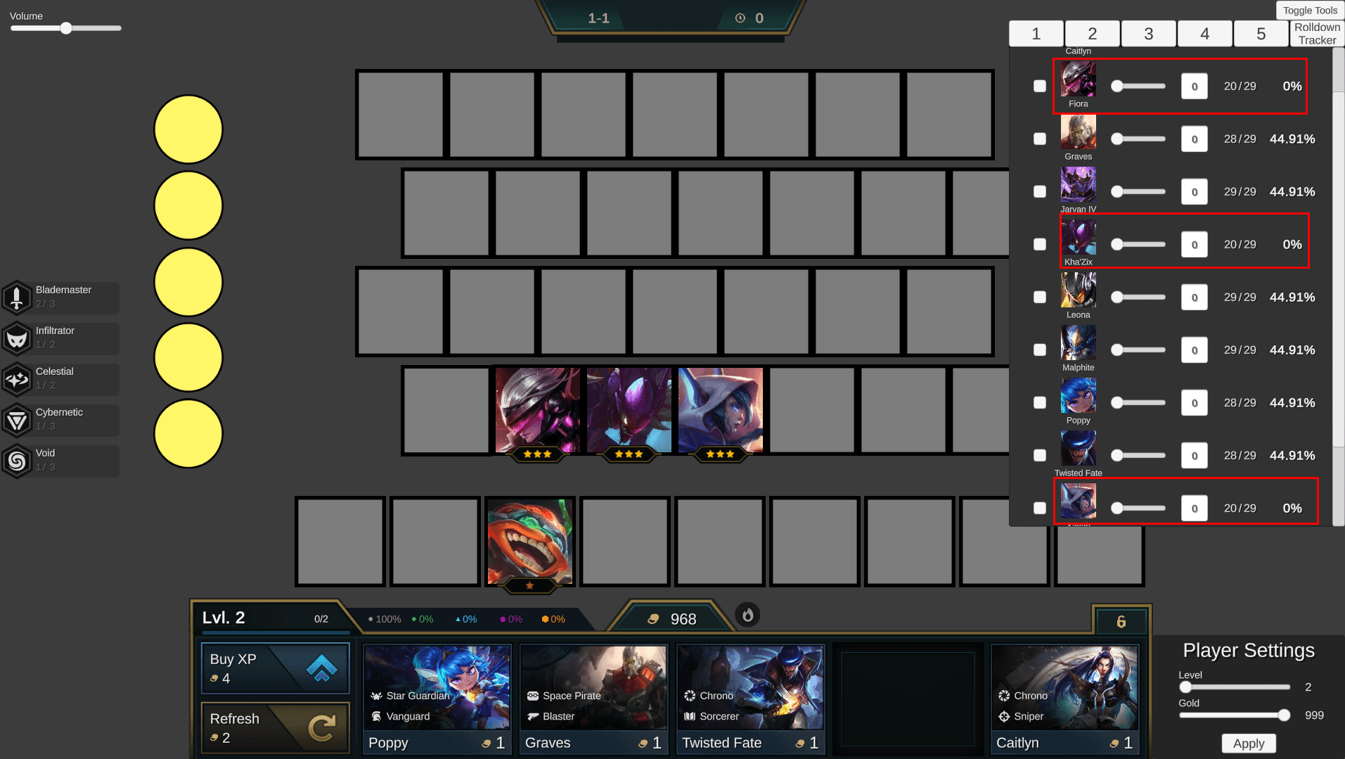 The interface of the website, for example, if you roll 3 champions Fiora, Kha'Zix, and Xayah at 3 stars, the appearance rate will be 0%