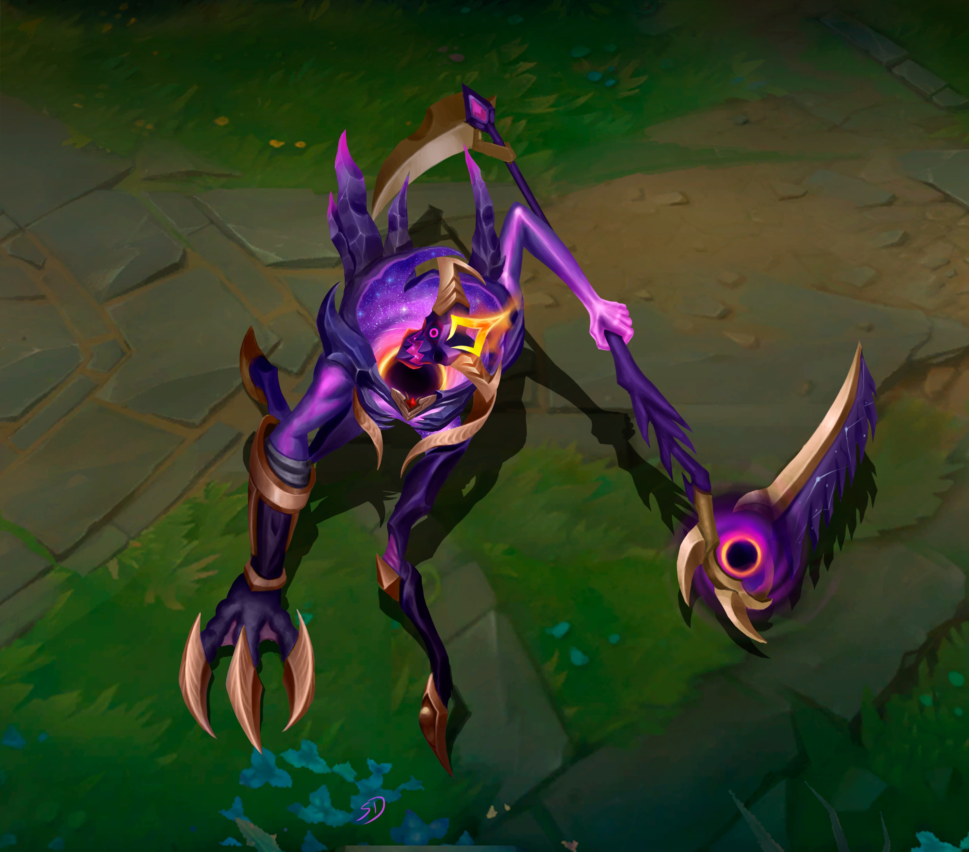 The familiar purple of the Black Mist skin line combined with Fiddlesticks' design makes him even more eerie