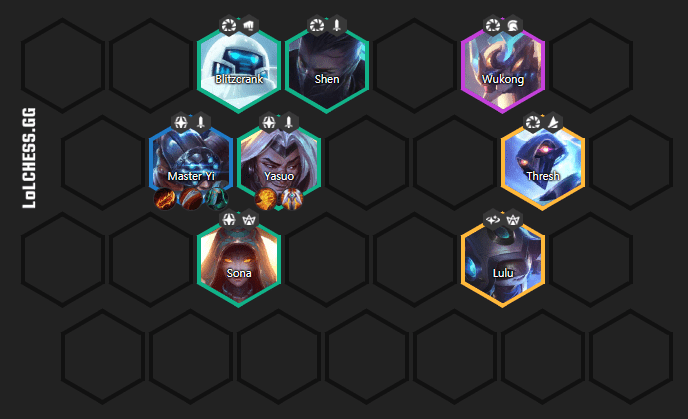 Using Wukong and Thresh to both increase defense and ensure 4 Time Travelers, Lulu is an extremely versatile unit with wide-area transformation skill