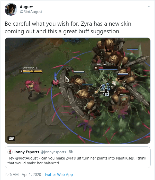 A few days ago, Riot August granted Zyra the ability to transform plants into Nautilus...