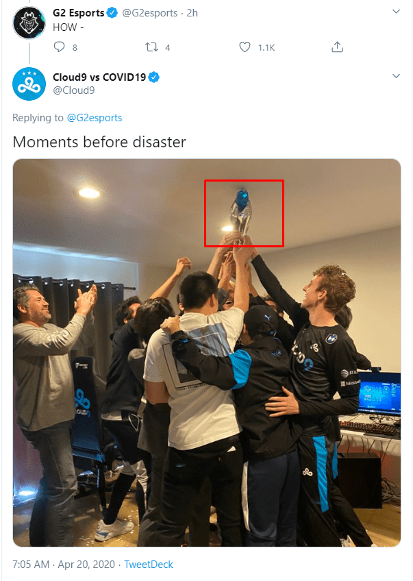 G2 Esports: 'How did you do that?' and Cloud 9 posted a picture 1 second before the disaster when they raised the LCS trophy too high and hit the ceiling