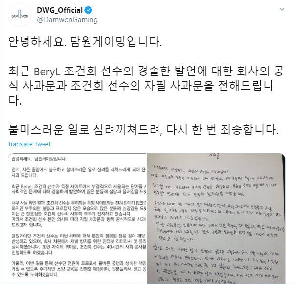 DWG's announcement regarding Beryl's punishment