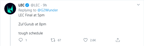 Official LEC Twitter commented: 'Finals at 5 PM, Zul'Gurub at 8 PM, you have a tight schedule, buddy.'
