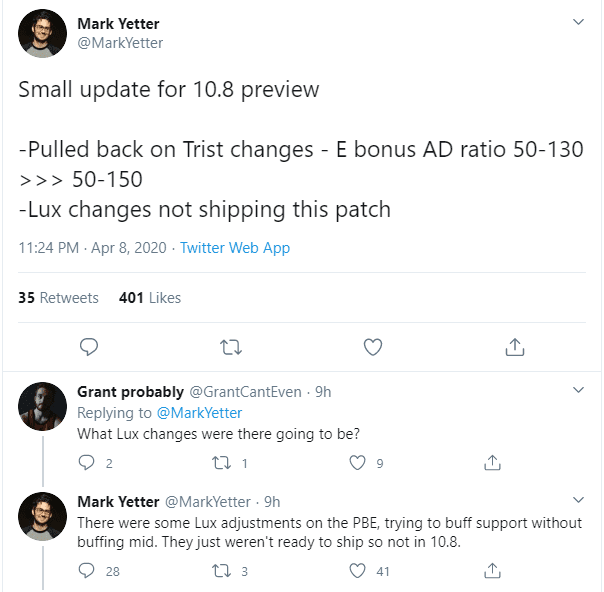 Lead designer of League of Legends - Riot Mark Yetter announced that the previous update for Tristana and Lux on PBE will not be applied to patch 10.8