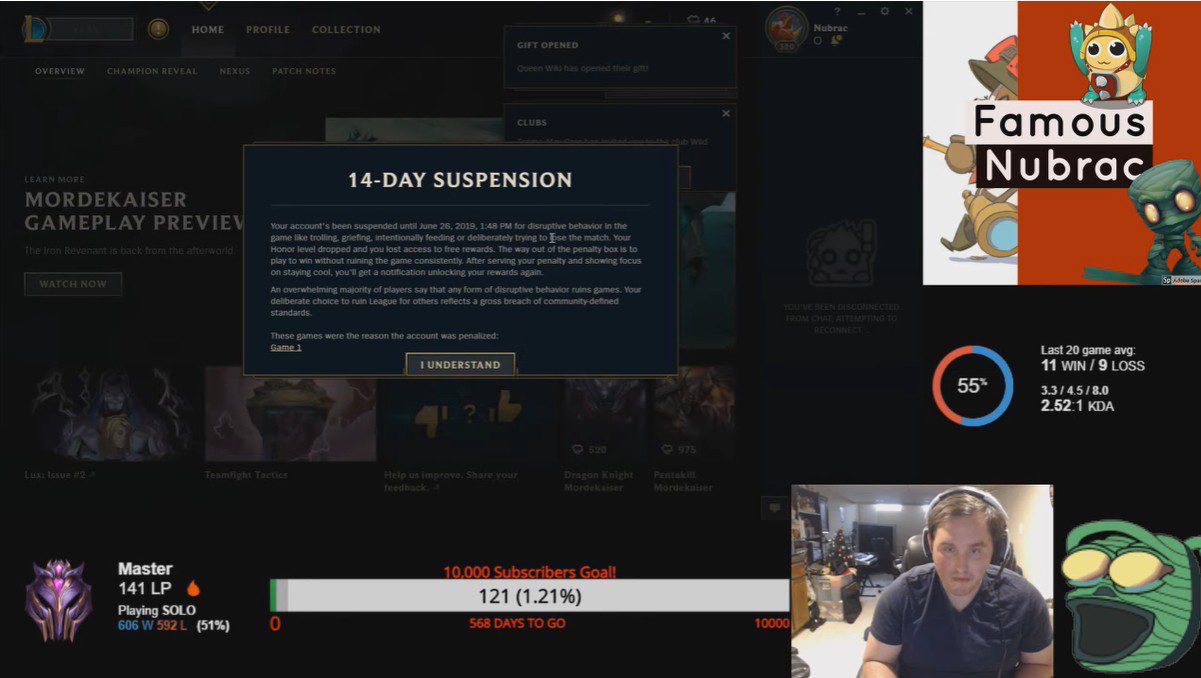 Banned for 14 days for creating a new playstyle, something only found in League of Legends