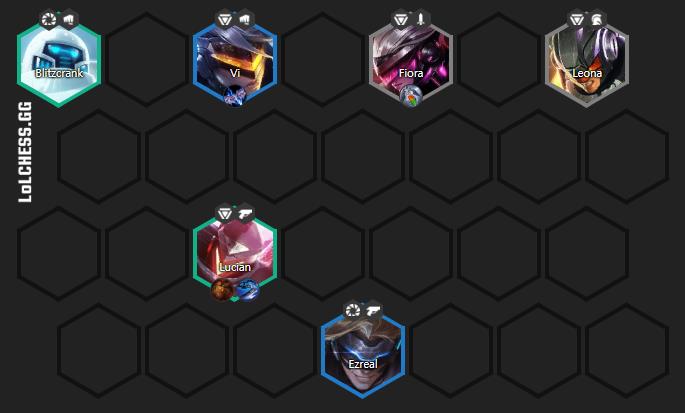 The best lineup is: Lucian - Leona - Vi - Blitz - Fiora - Ezreal.
