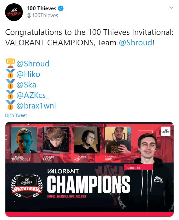 Shroud, Brax (Swag), Hiko, Skadoodle and Azk win the Valorant tournament organized by 100Thieves