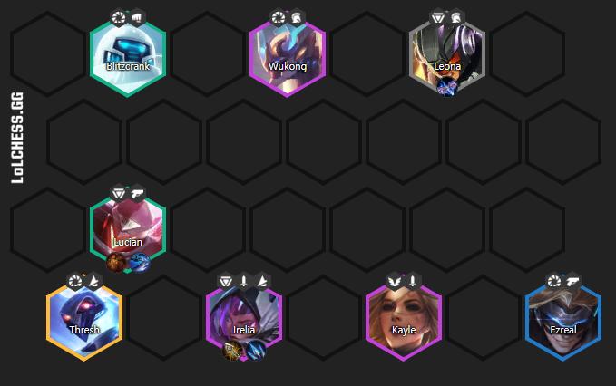 4 Chrono lineup: Lucian - Ezreal - Irelia - Kayle – Wukong - Thresh - Blitzcrank - Leona.