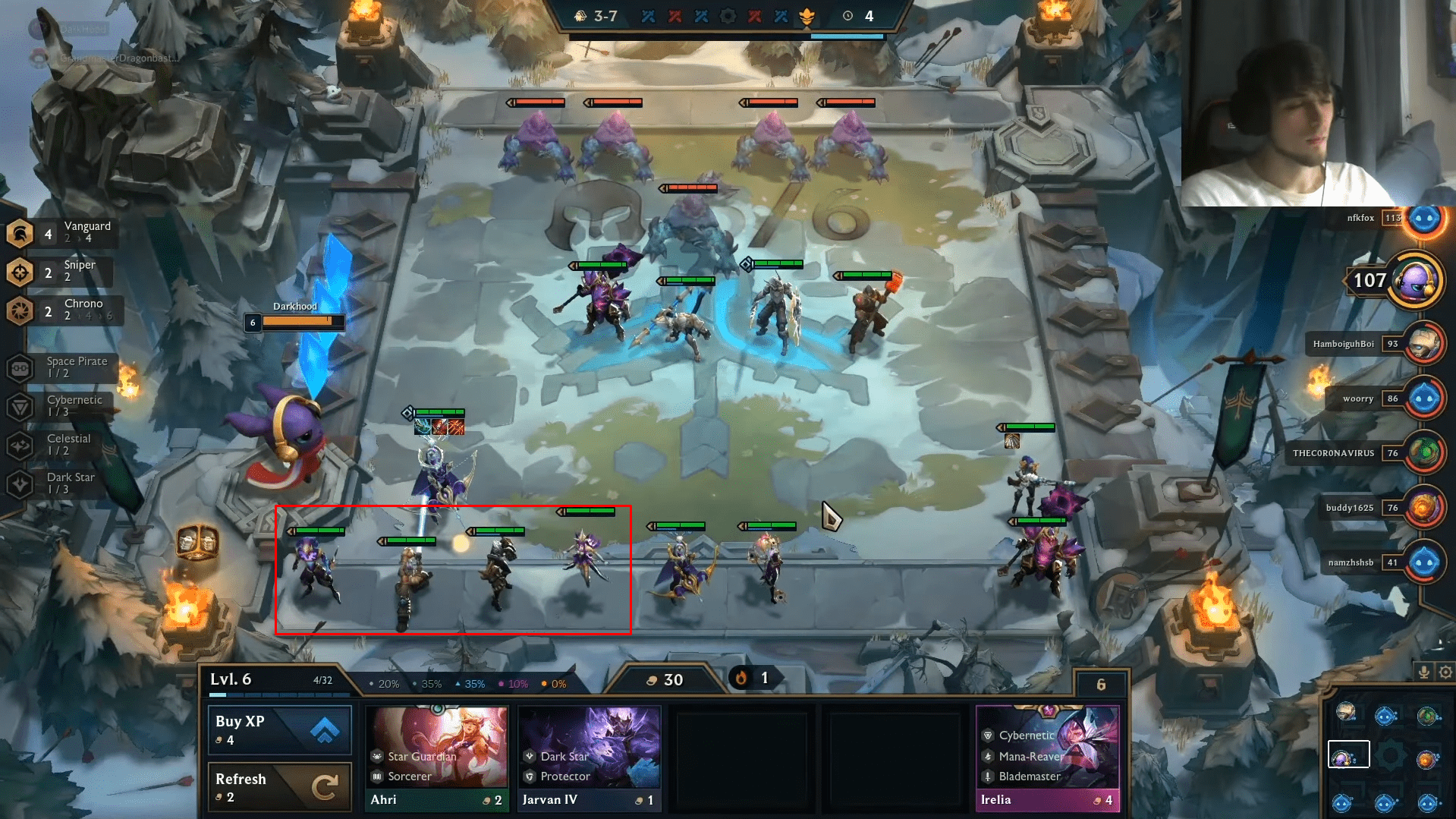Darkhood exemplifies a match where he needed to find Ashe at 3 stars, so he bought many 3-cost champions to increase Ashe's appearance rate.