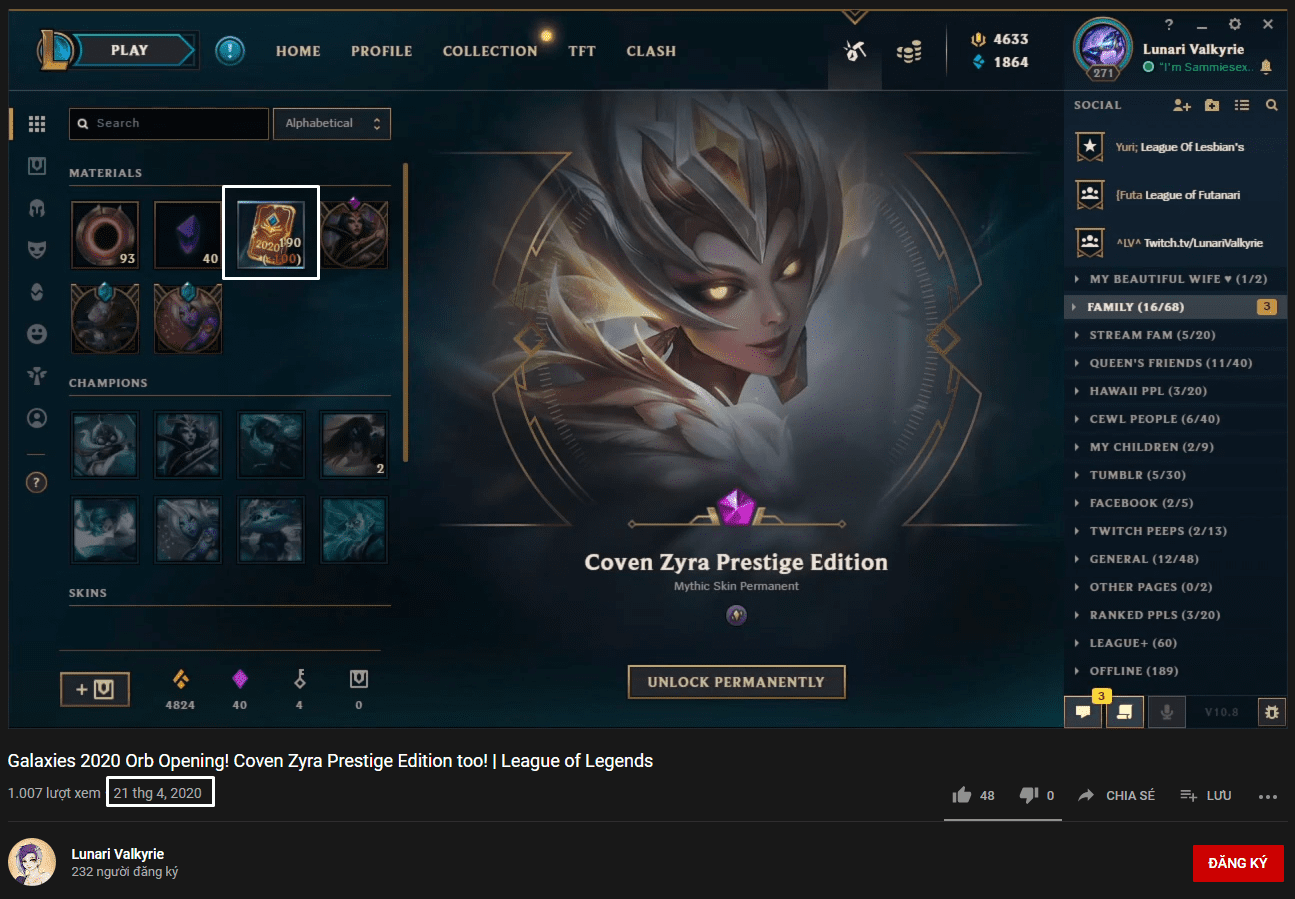 A North American female gamer has uploaded a video of opening chests and exchanging for Premium Zyra over a week ago