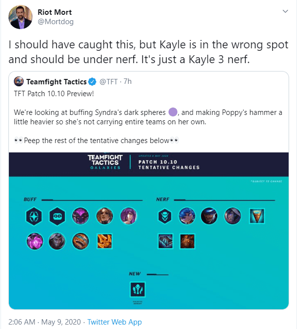 Riot Mortdog: "Oh, there’s a small mistake here, Kayle is in the wrong position as she should be in the nerf category, specifically, it’s 3-star Kayle that is nerfed."