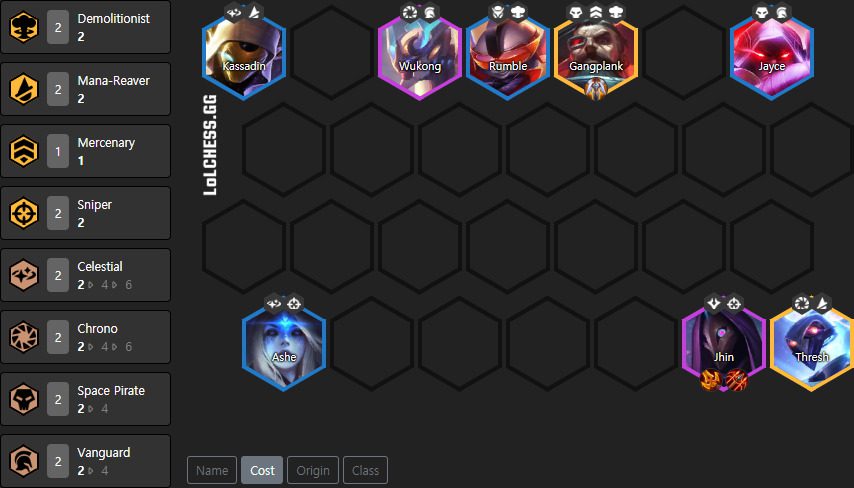 Complete composition of the 'Korean Jhin' team; if you get the Arcane Barrier for Jayce, you can replace Rumble with another versatile champion like Karma