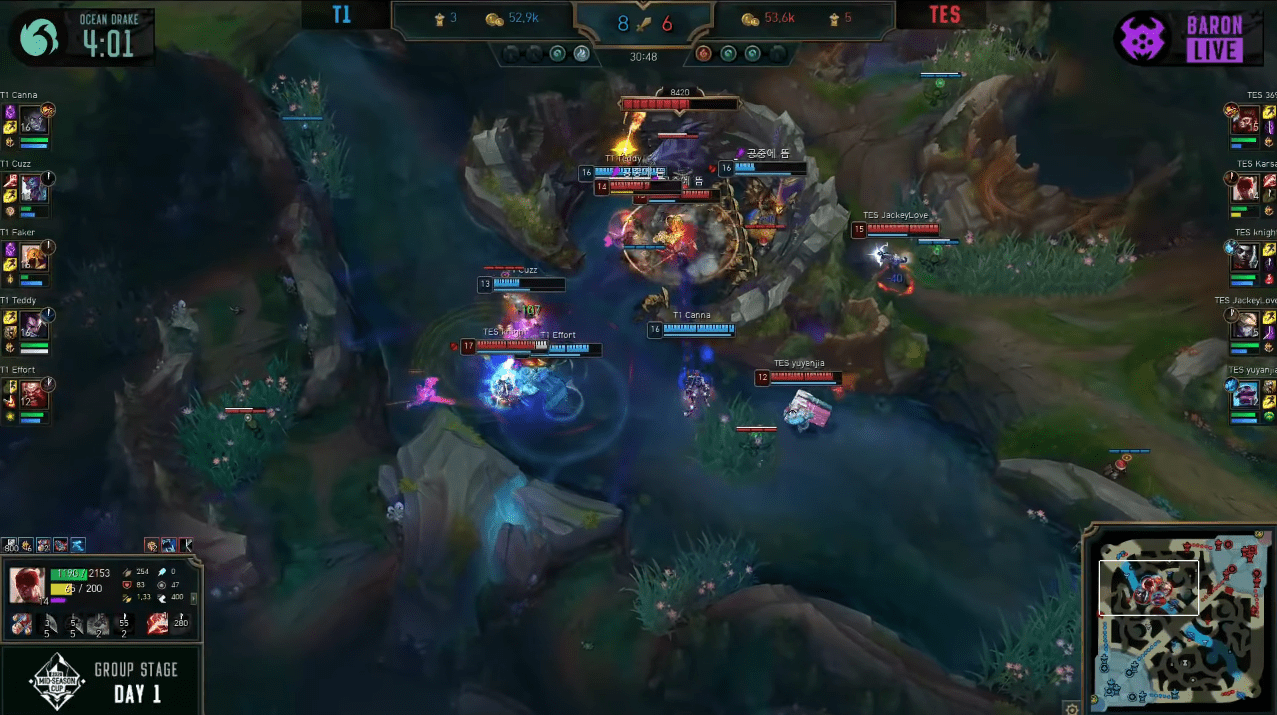Wukong from Top Esports completely separated T1's formation, forcing Faker into a corner and causing him to die too quickly