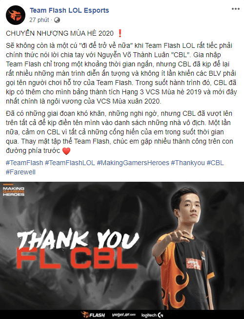 Announcement of CBL's departure from Team Flash