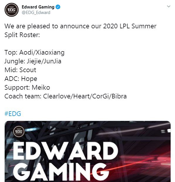 EDward Gaming announces the official roster for the upcoming LPL summer tournament