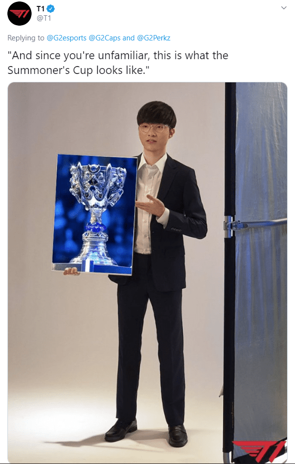 T1 counters: "It seems like you haven't seen this before, so let me introduce you to the World Championship trophy (implying G2 Esports has never won a world championship)"