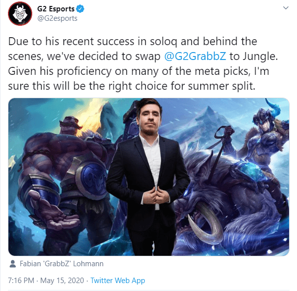 Due to recent good performance in solo rank and behind the scenes, we have decided to move G2 Grabbz to the jungle position. With his proficiency in many meta choices, we are confident this is the right choice for the summer split.