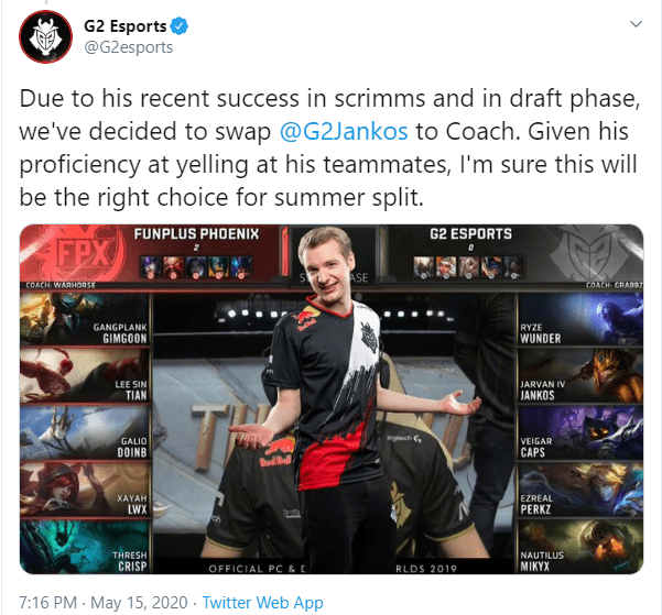 The same reason was given, this time highlighting Jankos's proficiency in yelling at teammates