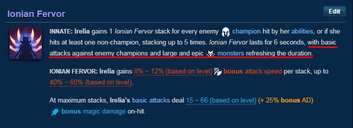 The key to this playstyle lies in Irelia's passive refreshing the duration when hitting large monsters