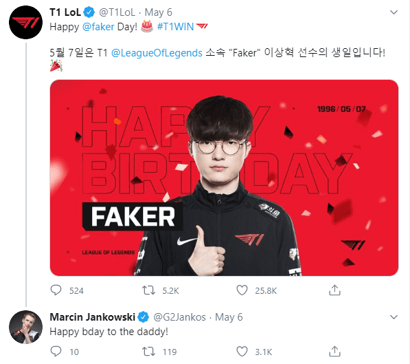 Jankos celebrating Faker's birthday