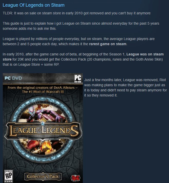 A player who bought League of Legends through Steam in 2010 shared: 
