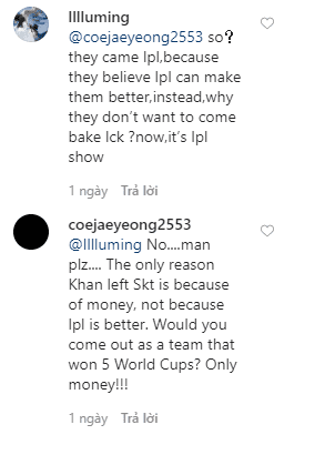 Why don't you think about the reason they (the Korean players) are here? Because LPL helps them grow and elevate themselves. Why don't they want to return to LCK? Right now, this is LPL's stage - please! The only reason Khan left SKT was for money, there’s no way it’s because LPL helped him elevate himself. What reason could there be for leaving a team that has won 5 international cups? Only money!!!
