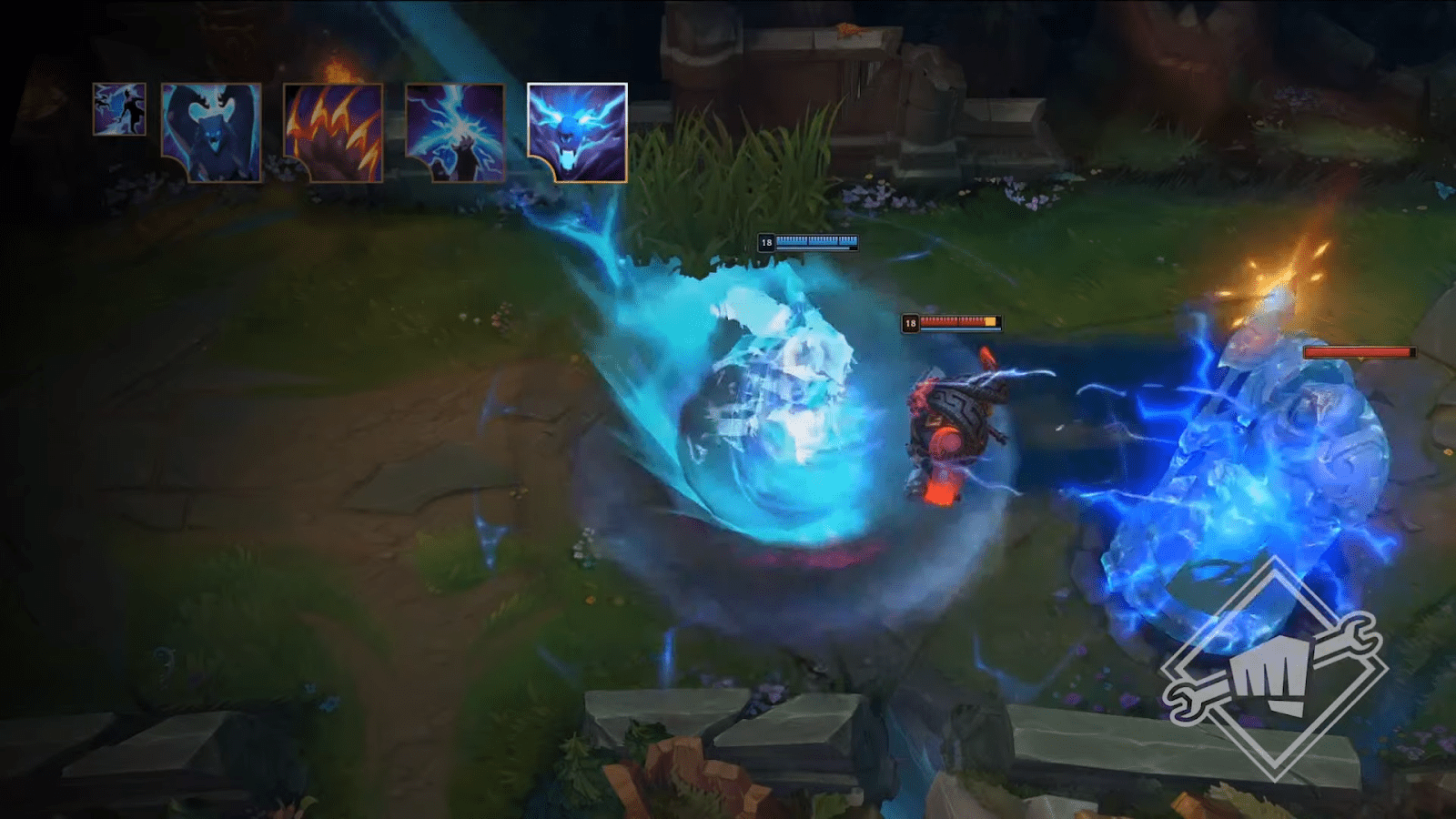 R: Volibear leaps to a designated area, dealing area damage, even damaging towers and disabling tower shots for a short duration. Afterward, he gains significant boosts to all stats