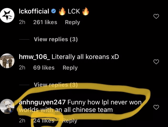 "Ironically, LPL has never won the world championship with a lineup consisting of 100% Chinese players" - A comment from a gamer on Instagram quoted by Sohu
